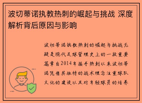 波切蒂诺执教热刺的崛起与挑战 深度解析背后原因与影响